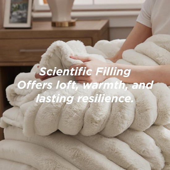 Faux Fur Queen Comforter Set - Beige Fluffy Comforter Queen Size, Soft and Cozy Shaggy Bedding Comforter Sets, Winter Warm Luxury Fuzzy Bed Set 3 Pieces, 1 Comforter and 2 Pillowcases