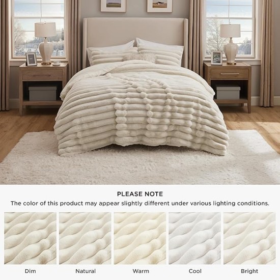 Faux Fur Queen Comforter Set - Beige Fluffy Comforter Queen Size, Soft and Cozy Shaggy Bedding Comforter Sets, Winter Warm Luxury Fuzzy Bed Set 3 Pieces, 1 Comforter and 2 Pillowcases