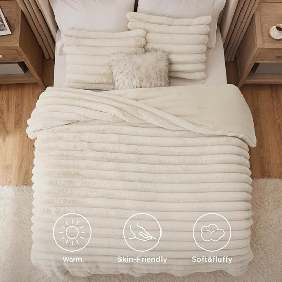 Faux Fur Queen Comforter Set - Beige Fluffy Comforter Queen Size, Soft and Cozy Shaggy Bedding Comforter Sets, Winter Warm Luxury Fuzzy Bed Set 3 Pieces, 1 Comforter and 2 Pillowcases