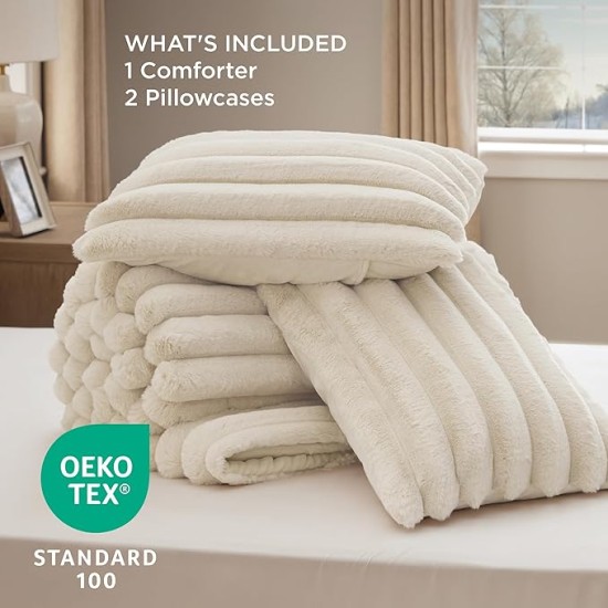 Faux Fur Queen Comforter Set - Beige Fluffy Comforter Queen Size, Soft and Cozy Shaggy Bedding Comforter Sets, Winter Warm Luxury Fuzzy Bed Set 3 Pieces, 1 Comforter and 2 Pillowcases