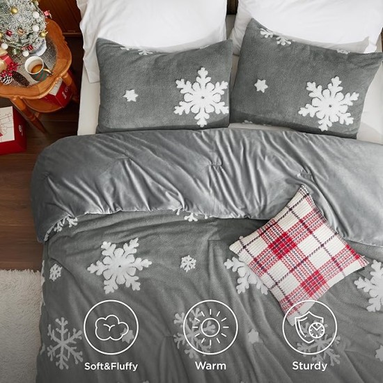 Fluffy Christmas Comforter Set Queen - Christmas Bedding Comforter Set with White Snowflake, Warm Fleece Bed Sets for Winter, 3 Pieces, 1 Soft Plush Shaggy Comforter with 2 Pillowcases
