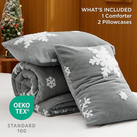 Fluffy Christmas Comforter Set Queen - Christmas Bedding Comforter Set with White Snowflake, Warm Fleece Bed Sets for Winter, 3 Pieces, 1 Soft Plush Shaggy Comforter with 2 Pillowcases