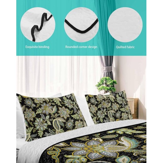 Black Paisley Queen Size Down Alternative Comforter,Lightweight Comforter Quilt Bedding Set with Pillow Shams,All Seasons Bed Duvet Insert Retro Boho Tribal Floral Bohemian Mexican Leaf 90"x96"