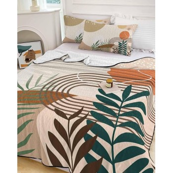 Abstract Leaves Queen Size Down Alternative Comforter, Lightweight Comforter Quilt Bedding Set with Pillow Shams,All Seasons Bed Comforter Duvet Insert Bohemian Middle Century Morden Stripes 90"x96"