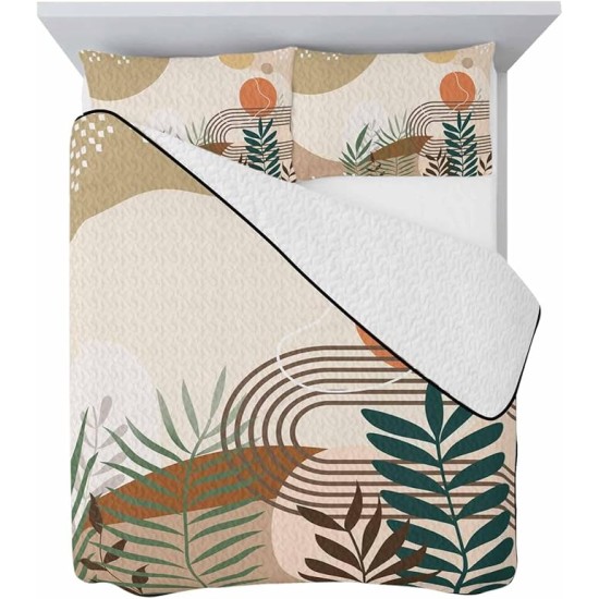 Abstract Leaves Queen Size Down Alternative Comforter, Lightweight Comforter Quilt Bedding Set with Pillow Shams,All Seasons Bed Comforter Duvet Insert Bohemian Middle Century Morden Stripes 90"x96"