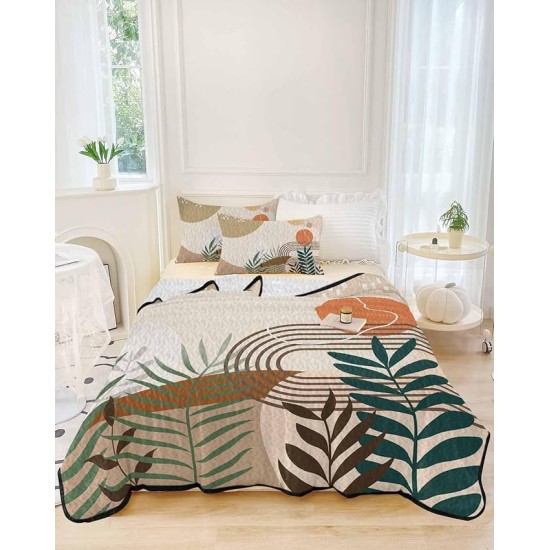 Abstract Leaves Queen Size Down Alternative Comforter, Lightweight Comforter Quilt Bedding Set with Pillow Shams,All Seasons Bed Comforter Duvet Insert Bohemian Middle Century Morden Stripes 90"x96"