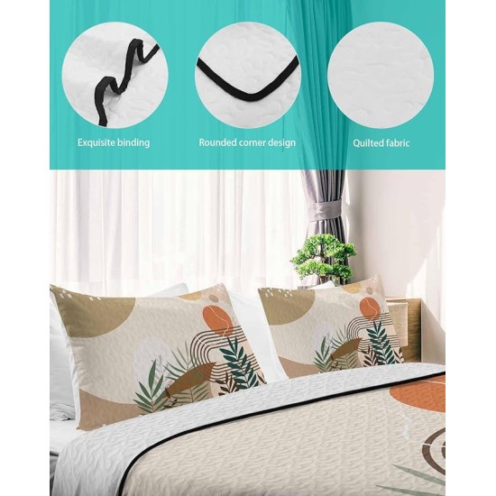 Abstract Leaves Queen Size Down Alternative Comforter, Lightweight Comforter Quilt Bedding Set with Pillow Shams,All Seasons Bed Comforter Duvet Insert Bohemian Middle Century Morden Stripes 90"x96"