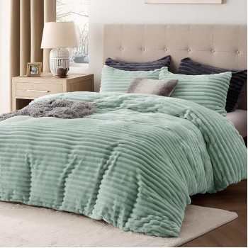 Fluffy Comforter Cover Set - Ultra Soft Plush Shaggy Duvet Cover Queen Size, Warm Flannel Fleece Bed Sets for Winter, 3 Pieces, 1 Duvet Cover+2 Pillowcases (Striped Pattern, Sage Green)