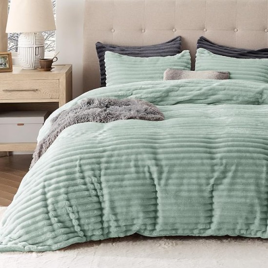 Fluffy Comforter Cover Set - Ultra Soft Plush Shaggy Duvet Cover Queen Size, Warm Flannel Fleece Bed Sets for Winter, 3 Pieces, 1 Duvet Cover+2 Pillowcases (Striped Pattern, Sage Green)