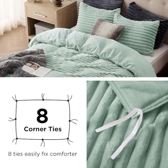 Fluffy Comforter Cover Set - Ultra Soft Plush Shaggy Duvet Cover Queen Size, Warm Flannel Fleece Bed Sets for Winter, 3 Pieces, 1 Duvet Cover+2 Pillowcases (Striped Pattern, Sage Green)