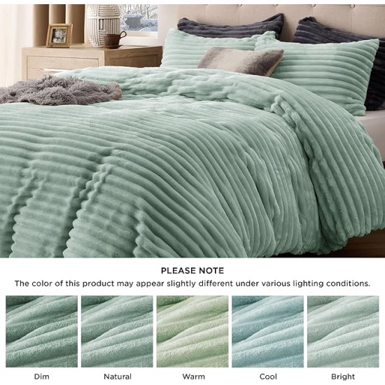 Fluffy Comforter Cover Set - Ultra Soft Plush Shaggy Duvet Cover Queen Size, Warm Flannel Fleece Bed Sets for Winter, 3 Pieces, 1 Duvet Cover+2 Pillowcases (Striped Pattern, Sage Green)