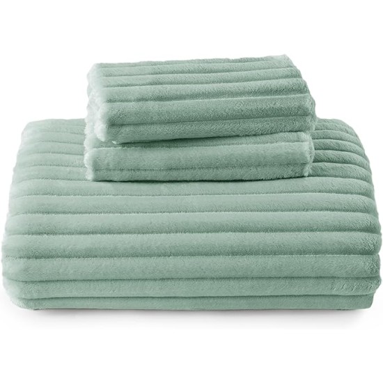 Fluffy Comforter Cover Set - Ultra Soft Plush Shaggy Duvet Cover Queen Size, Warm Flannel Fleece Bed Sets for Winter, 3 Pieces, 1 Duvet Cover+2 Pillowcases (Striped Pattern, Sage Green)
