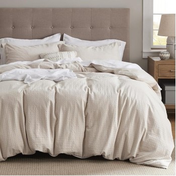Cotton Duvet Cover Queen Size - Waffle Boho Textured Duvet Cover Set, Soft and Breathable Rhombus Jacquard Comforter Cover for All Seasons (Beige, Queen, 90"x90")