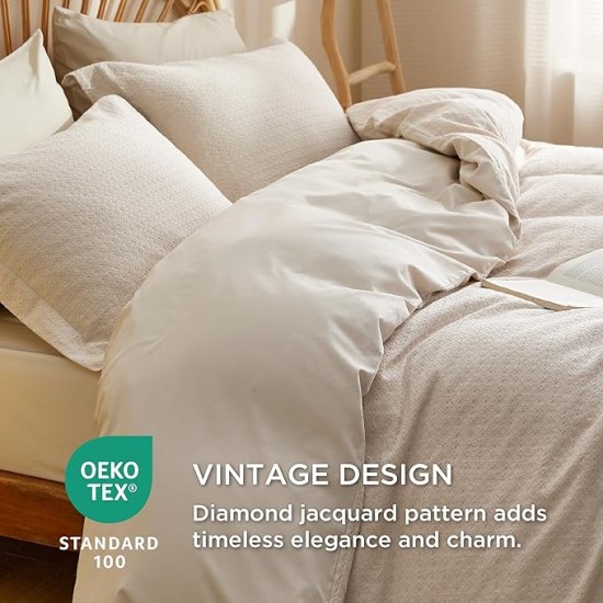 Cotton Duvet Cover Queen Size - Waffle Boho Textured Duvet Cover Set, Soft and Breathable Rhombus Jacquard Comforter Cover for All Seasons (Beige, Queen, 90"x90")