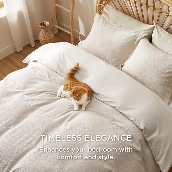 Cotton Duvet Cover Queen Size - Waffle Boho Textured Duvet Cover Set, Soft and Breathable Rhombus Jacquard Comforter Cover for All Seasons (Beige, Queen, 90"x90")