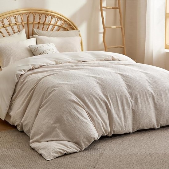 Cotton Duvet Cover Queen Size - Waffle Boho Textured Duvet Cover Set, Soft and Breathable Rhombus Jacquard Comforter Cover for All Seasons (Beige, Queen, 90"x90")