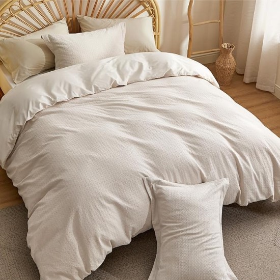 Cotton Duvet Cover Queen Size - Waffle Boho Textured Duvet Cover Set, Soft and Breathable Rhombus Jacquard Comforter Cover for All Seasons (Beige, Queen, 90"x90")