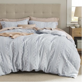 Cotton Duvet Cover Queen Size - Boho Textured Duvet Cover Set, Soft and Breathable Ripple Jacquard Comforter Cover for All Seasons (Light Blue, Queen, 90"x90")