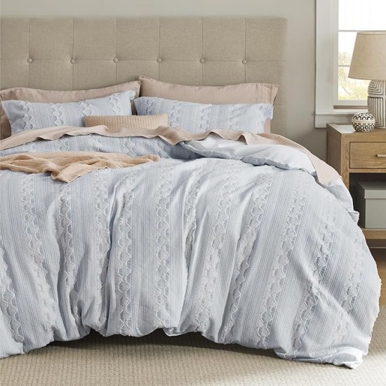 Cotton Duvet Cover Queen Size - Boho Textured Duvet Cover Set, Soft and Breathable Ripple Jacquard Comforter Cover for All Seasons (Light Blue, Queen, 90"x90")