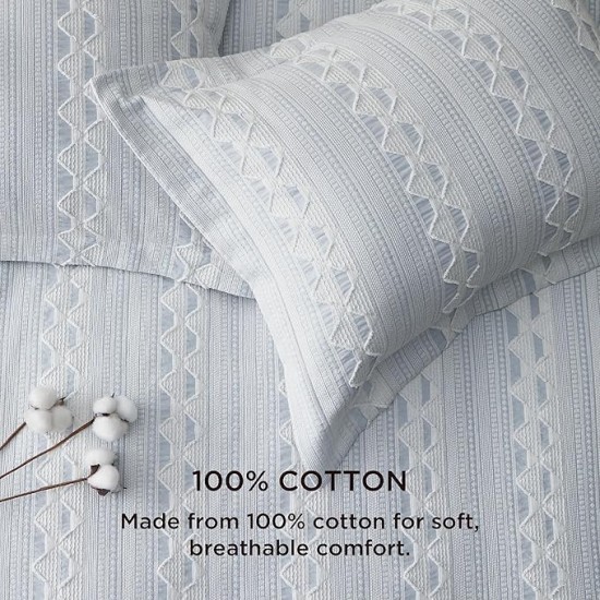Cotton Duvet Cover Queen Size - Boho Textured Duvet Cover Set, Soft and Breathable Ripple Jacquard Comforter Cover for All Seasons (Light Blue, Queen, 90"x90")