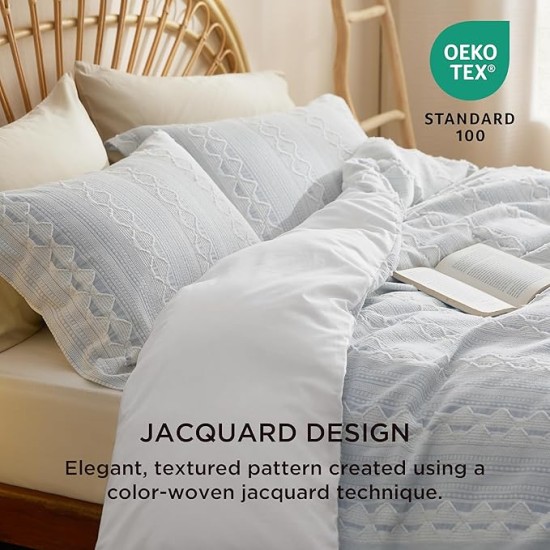 Cotton Duvet Cover Queen Size - Boho Textured Duvet Cover Set, Soft and Breathable Ripple Jacquard Comforter Cover for All Seasons (Light Blue, Queen, 90"x90")
