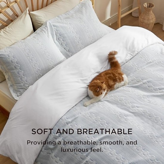 Cotton Duvet Cover Queen Size - Boho Textured Duvet Cover Set, Soft and Breathable Ripple Jacquard Comforter Cover for All Seasons (Light Blue, Queen, 90"x90")