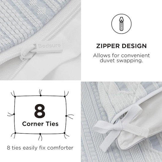 Cotton Duvet Cover Queen Size - Boho Textured Duvet Cover Set, Soft and Breathable Ripple Jacquard Comforter Cover for All Seasons (Light Blue, Queen, 90"x90")