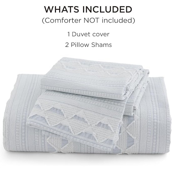 Cotton Duvet Cover Queen Size - Boho Textured Duvet Cover Set, Soft and Breathable Ripple Jacquard Comforter Cover for All Seasons (Light Blue, Queen, 90"x90")