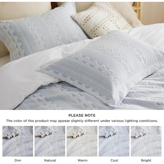 Cotton Duvet Cover Queen Size - Boho Textured Duvet Cover Set, Soft and Breathable Ripple Jacquard Comforter Cover for All Seasons (Light Blue, Queen, 90"x90")