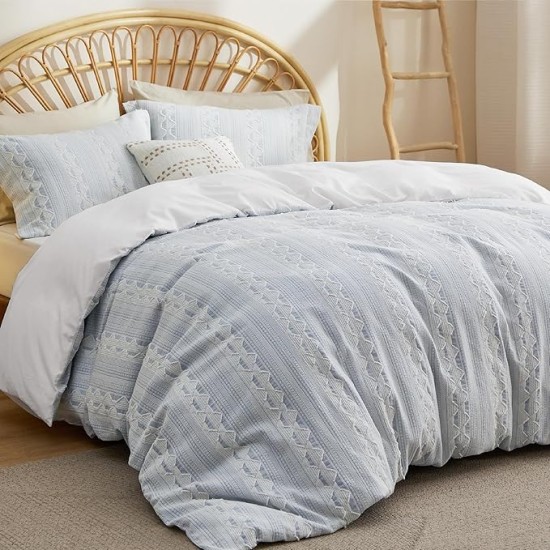 Cotton Duvet Cover Queen Size - Boho Textured Duvet Cover Set, Soft and Breathable Ripple Jacquard Comforter Cover for All Seasons (Light Blue, Queen, 90"x90")