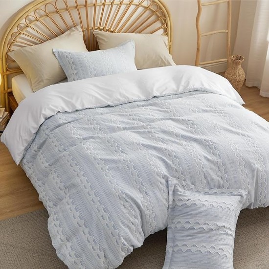 Cotton Duvet Cover Queen Size - Boho Textured Duvet Cover Set, Soft and Breathable Ripple Jacquard Comforter Cover for All Seasons (Light Blue, Queen, 90"x90")