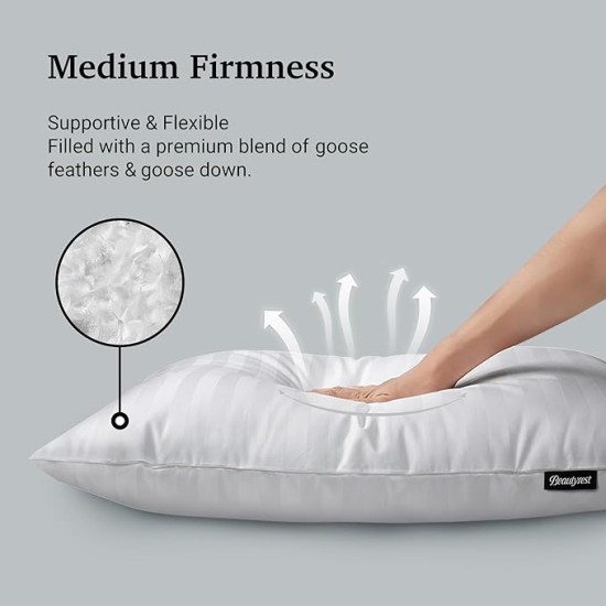 Hotel Collection Fluffy Luxury Goose Feathers Medium Firm Hypoallergenic Pillow, 500 Thread Count US Grown Cotton Cover (20x36”), King (Pack of 2), White 2