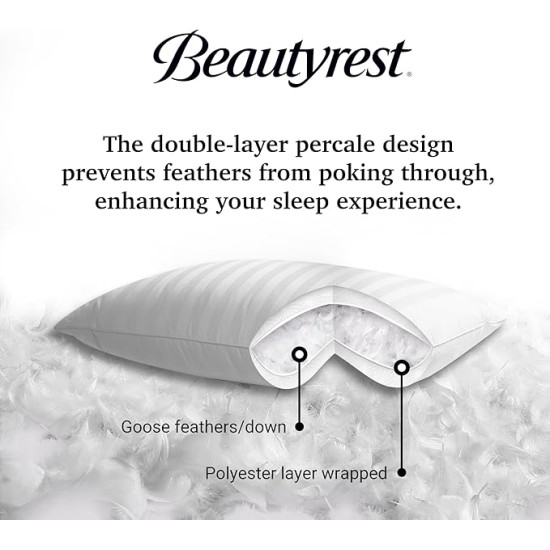 Hotel Collection Fluffy Luxury Goose Feathers Medium Firm Hypoallergenic Pillow, 500 Thread Count US Grown Cotton Cover (20x36”), King (Pack of 2), White 2