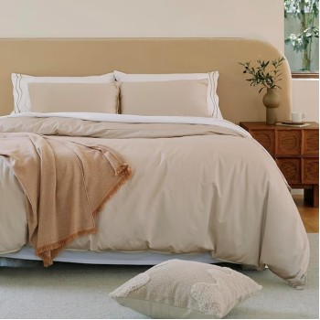 Double Stitch Supima Cotton Duvet Cover Set - 100% American Grown Cotton Duvet Cover Queen, Luxury 600 Thread Count Sateen Weave, Hotel Quality Bedding Set, Oat, 90" x 90"