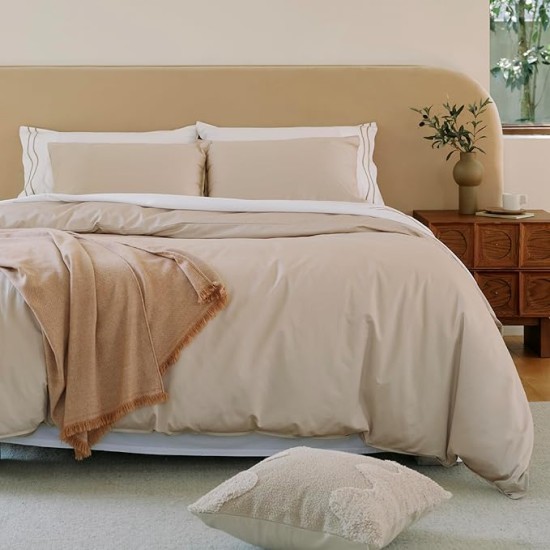 Double Stitch Supima Cotton Duvet Cover Set - 100% American Grown Cotton Duvet Cover Queen, Luxury 600 Thread Count Sateen Weave, Hotel Quality Bedding Set, Oat, 90" x 90"