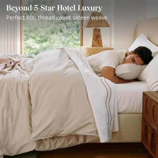 Double Stitch Supima Cotton Duvet Cover Set - 100% American Grown Cotton Duvet Cover Queen, Luxury 600 Thread Count Sateen Weave, Hotel Quality Bedding Set, Oat, 90" x 90"