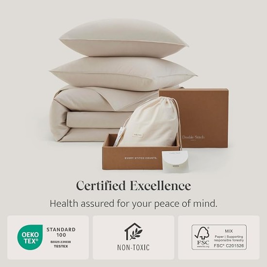 Double Stitch Supima Cotton Duvet Cover Set - 100% American Grown Cotton Duvet Cover Queen, Luxury 600 Thread Count Sateen Weave, Hotel Quality Bedding Set, Oat, 90" x 90"