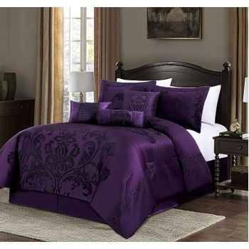 Royale 7-Piece Jacquard Floral Comforter Set, Oversized Queen, Purple/Dark Purple