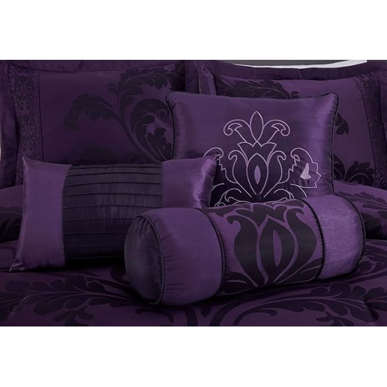 Royale 7-Piece Jacquard Floral Comforter Set, Oversized Queen, Purple/Dark Purple
