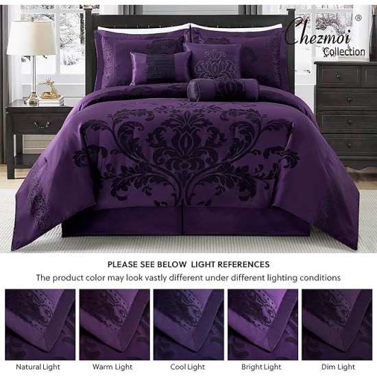 Royale 7-Piece Jacquard Floral Comforter Set, Oversized Queen, Purple/Dark Purple