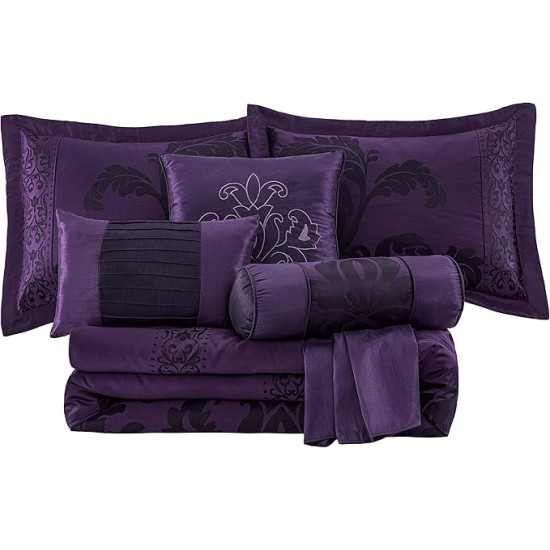 Royale 7-Piece Jacquard Floral Comforter Set, Oversized Queen, Purple/Dark Purple