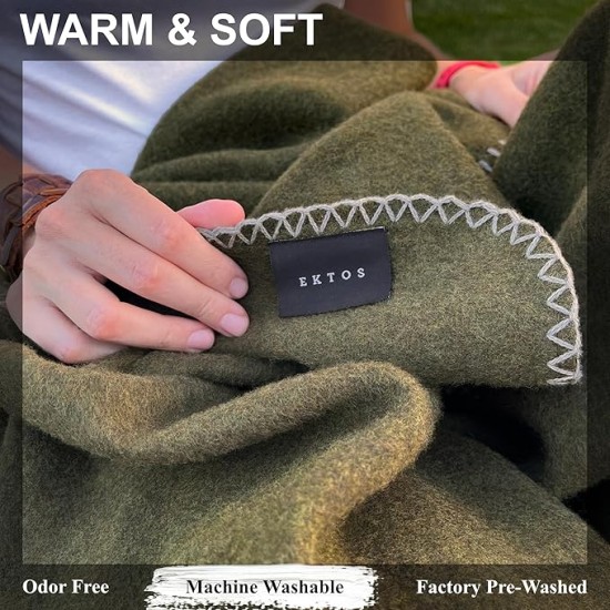 100% Virgin Wool Blanket, 90" x 108", Best Camp Bedding, Extra Large, Washable (Olive Green, King Size)