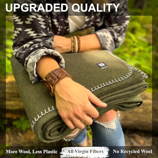 100% Virgin Wool Blanket, 90" x 108", Best Camp Bedding, Extra Large, Washable (Olive Green, King Size)