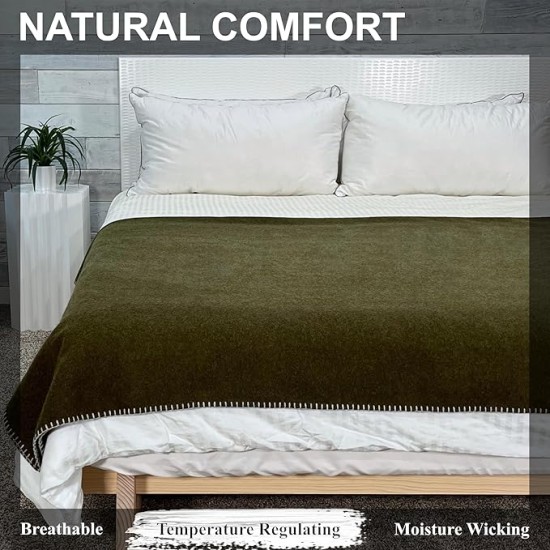 100% Virgin Wool Blanket, 90" x 108", Best Camp Bedding, Extra Large, Washable (Olive Green, King Size)