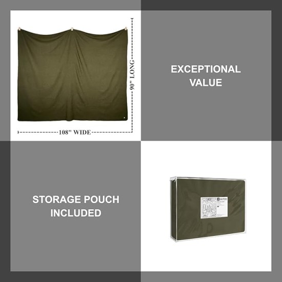100% Virgin Wool Blanket, 90" x 108", Best Camp Bedding, Extra Large, Washable (Olive Green, King Size)