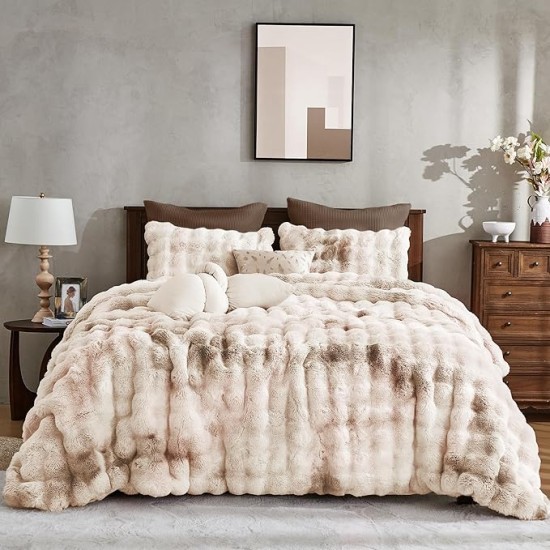 3 Pieces Fluffy Faux Rabbit Fur Bubble Comforter Set King Size, Tie-Dyeing Beige Plush Fuzzy Bedding Set, Warm Soft Bubble Comforter Bedding Set for Winter