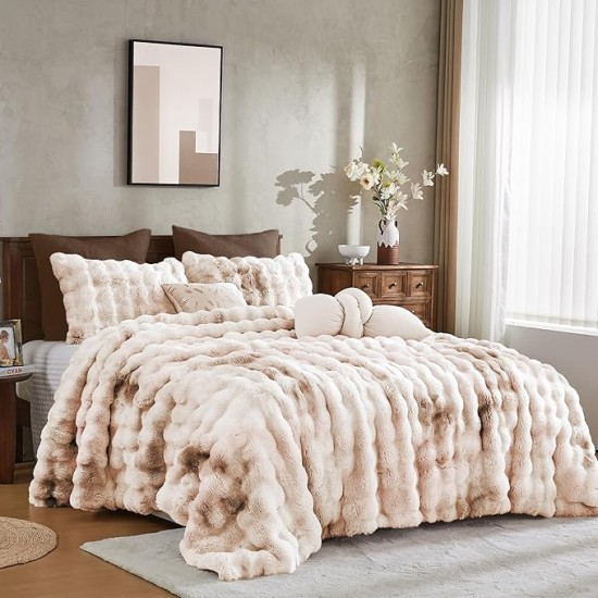 3 Pieces Fluffy Faux Rabbit Fur Bubble Comforter Set King Size, Tie-Dyeing Beige Plush Fuzzy Bedding Set, Warm Soft Bubble Comforter Bedding Set for Winter