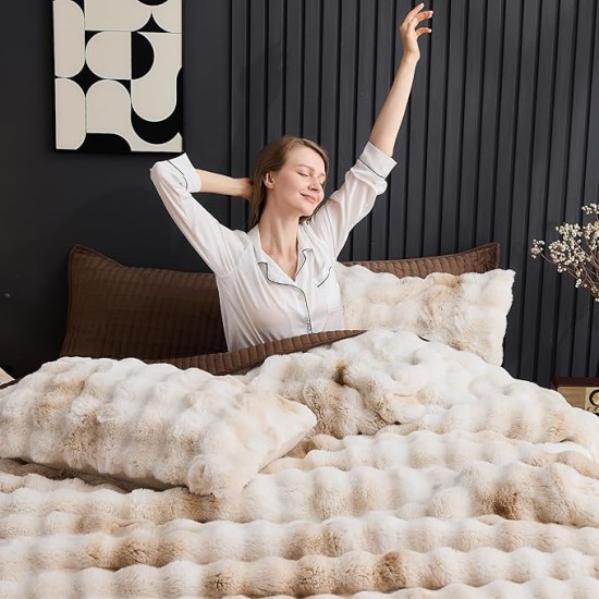 3 Pieces Fluffy Faux Rabbit Fur Bubble Comforter Set King Size, Tie-Dyeing Beige Plush Fuzzy Bedding Set, Warm Soft Bubble Comforter Bedding Set for Winter