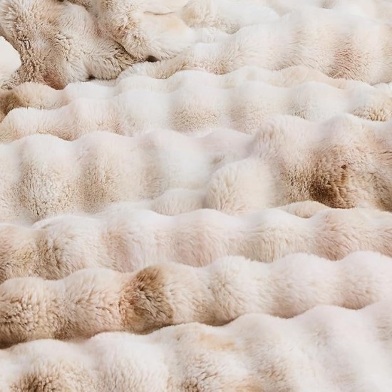 3 Pieces Fluffy Faux Rabbit Fur Bubble Comforter Set King Size, Tie-Dyeing Beige Plush Fuzzy Bedding Set, Warm Soft Bubble Comforter Bedding Set for Winter
