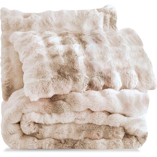3 Pieces Fluffy Faux Rabbit Fur Bubble Comforter Set King Size, Tie-Dyeing Beige Plush Fuzzy Bedding Set, Warm Soft Bubble Comforter Bedding Set for Winter